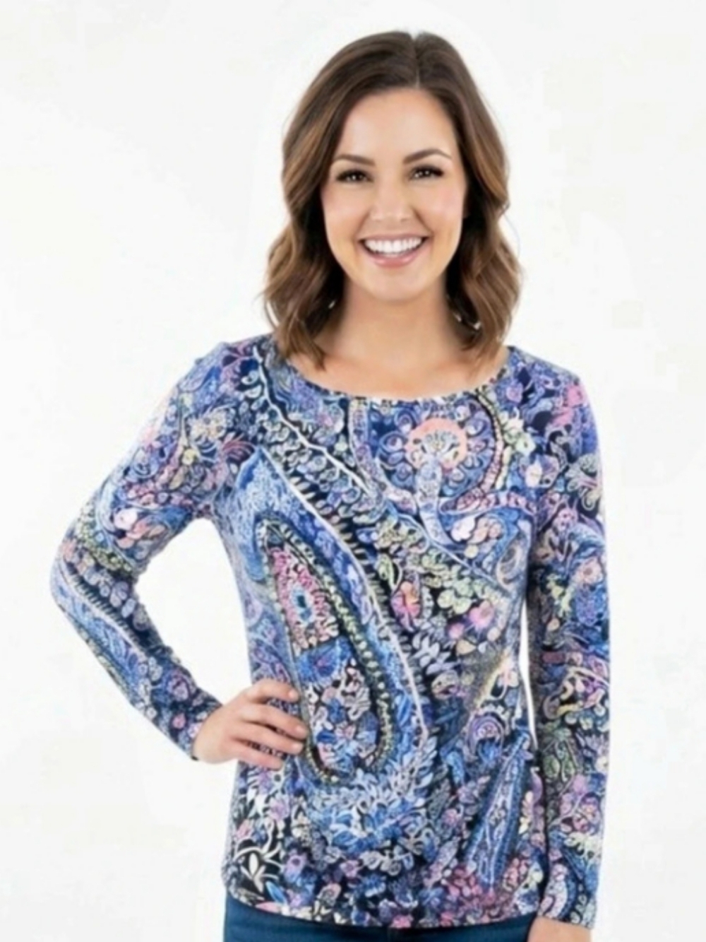 Talbots Paisley Long Sleeve Top in Blue & Pink Size Large